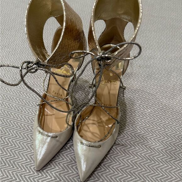 Christian Louboutin Cord Ankle  100mm Gold Lace-Up Heels Size 7.5 - Picture 6 of 15